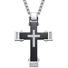 ***COI Titanium Black Silver Cross Pendant With Cubic Zirconia-01056AA