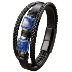 ***COI Titanium Lapis Lazuli Genuine Leather Bracelet With Steel Clasp(Length: 9.06 inches)-01058AA