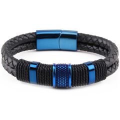 ***COI Titanium Silver/Blue/Black/Gold Tone Black Genuine Leather Bracelet With Steel Clasp(Length: 8.66 inches)-01060AA