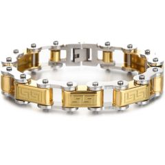 ***COI Titanium Gold Tone Silver Greek Key Pattern Bracelet With Steel Clasp(Length: 9.06 inches)-01061AA