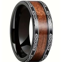 ***COI Black Titanium Celtic Knots Ring With Koa Wood-01069AA