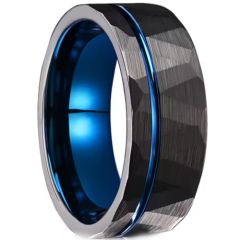 ***COI Tungsten Carbide Black Blue Offset Groove Faceted Ring-01077AA