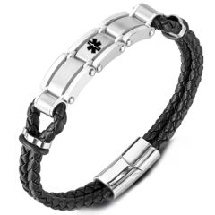***COI Titanium Medical Alert Genuine Leather Bracelet With Steel Clasp(Length: 8.27 inches)-01078AA