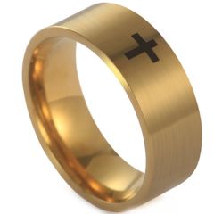 ***COI Titanium Black/Gold Tone/Silver Cross Pipe Cut Flat Ring-01083AA