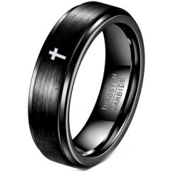 ***COI Tungsten Carbide Black/Gold Tone/Silver Cross Step Edges Ring-01089AA