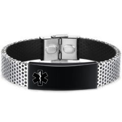 ***COI Titanium Black Silver Medical Alert Genuine Leather Bracelet With Steel Clasp(Length: 8.07 inches)-01096AA