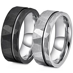 ***COI Titanium Black/Silver/Gold Tone Silver Offset Groove Faceted Ring-01152AA