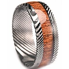 ***COI Tungsten Carbide Black Silver Damascus Ring With Koa Wood-01185AA