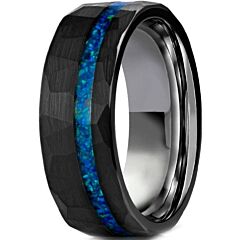 ***COI Black Tungsten Carbide Offset Crushed Opal Hammered Ring-01188AA
