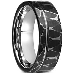 ***COI Tungsten Carbide Black Silver Offset Groove Hammered Ring-01191AA