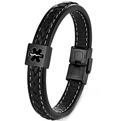 ***COI Black Titanium Medical Alert Genuine Leather Bracelet With Steel Clasp(Length: 9.06 inches)-01197AA