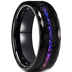 ***COI Black Tungsten Carbide Faceted Ring With Meteorite & Crushed Opal-01199AA