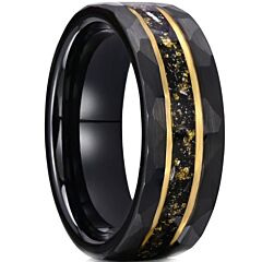 ***COI Tungsten Carbide Black Gold Tone Double Grooves Faceted Ring With Meteorite & Gold Foil-01204AA