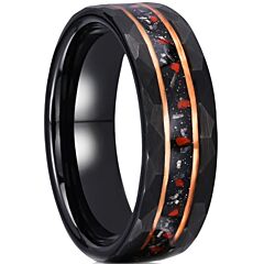 ***COI Tungsten Carbide Black Gold Tone Double Grooves Ring With Created Red Ruby & Meteorite-01206AA