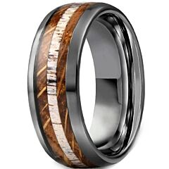 ***COI Black Tungsten Carbide Deer Antler & Koa Wood Dome Court Ring-01207AA