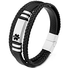 ***COI Titanium Black Silver Medical Alert Genuine Leather Bracelet With Steel Clasp(Length: 8.27 inches)-01226AA