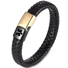 ***COI Titanium Black Gold Tone Medical Alert Genuine Leather Bracelet With Steel Clasp(Length: 8.27 inches)-01230AA
