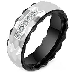 ***COI Titanium Black Silver/Gold Tone Silver Hammered Ring With Cubic Zirconia-01238AA