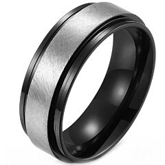 ***COI Titanium Black/Blue Silver Sandblasted Step Edges Ring-01239AA