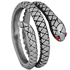 ***COI Titanium Black Silver Snake Ring With Created Red Ruby-01252AA