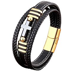 ***COI Titanium Black Gold Tone Silver Cross Genuine Leather Bracelet With Steel Clasp(Length: 8.27 inches)-01254AA