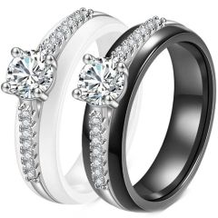 ***COI Titanium Black/White Ceramic Solitaire Ring With Cubic Zirconia-01273AA