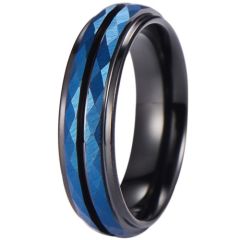 ***COI Tungsten Carbide Black Blue Center Groove Faceted Ring-01290AA