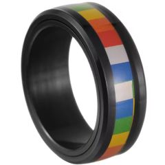 ***COI Black Titanium Beveled Edges Ring With Rainbow Ceramic-01307AA