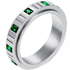 ***COI Titanium Gold Tone/Silver Grooves Ring With Created Green Emerald-01308AA