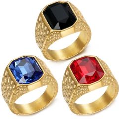 ***COI Gold Tone Titanium Hammered Ring With Created Blue Sapphire/Red Ruby/Black Onyx-01309AA
