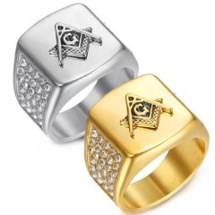 ***COI Titanium Gold Tone/Silver Masonic Freemason Ring With Cubic Zirconia-01313AA