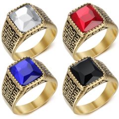 ***COI Titanium Gold Tone Black Ring With Created White Diamond/Blue Sapphire/Red Ruby/Black Onyx-01315AA
