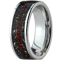 ***COI Tungsten Carbide Ring With Meteorite & Created Red Ruby-01316AA