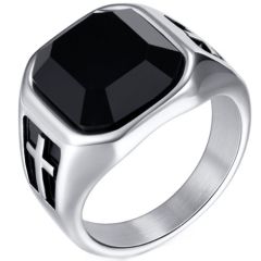 ***COI Titanium Black Silver Cross Ring With Black Onyx-01345AA