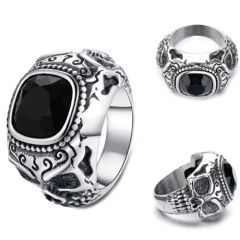 ***COI Titanium Black Silver Skull Ring With Created Red Ruby/Green Emerald/Blue Sapphire/Black Onyx-01364AA