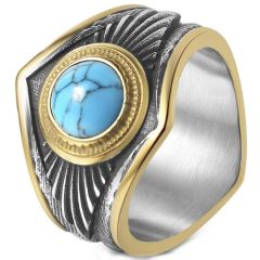 ***COI Titanium Black Gold Tone Silver Ring With Turquoise-01366AA