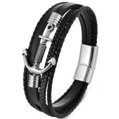 ***COI Titanium Anchor Black Silver Genuine Leather Bracelet With Steel Clasp(Length: 8.27 inches)-01373AA