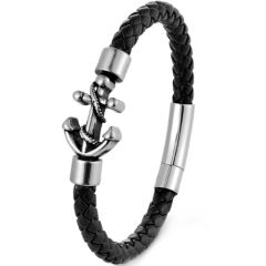 ***COI Titanium Anchor Black Silver Genuine Leather Bracelet With Steel Clasp(Length: 8.27 inches)-01376AA