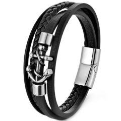 ***COI Titanium Anchor Black Silver Genuine Leather Bracelet With Steel Clasp(Length: 8.27 inches)-01377AA