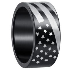 ***COI Titanium Black/Silver American Flag Pipe Cut Flat Ring-01380AA