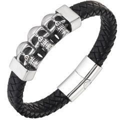 ***COI Titanium Black Silver Skull Genuine Leather Bracelet With Steel Clasp(Length: 8.27 inches)-01389AA