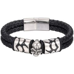 ***COI Titanium Black Silver Skull Genuine Leather Bracelet With Steel Clasp(Length: 8.27 inches)-01391AA