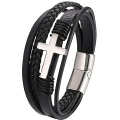 ***COI Titanium Black/Gold Tone/Silver Cross Genuine Leather Bracelet With Steel Clasp(Length: 9.05 inches)-01393AA
