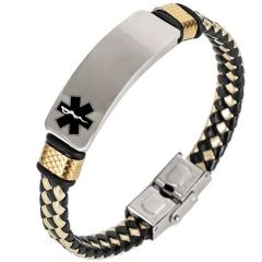 ***COI Titanium Black Gold Tone Silver Medical Alert Genuine Leather Bracelet With Steel Clasp(Length: 8.27 inches)-01394AA