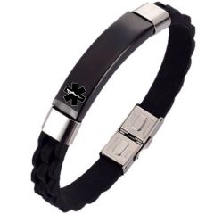 ***COI Titanium Black Silver Medical Alert Rubber Bracelet With Steel Clasp(Length: 8.27 inches)-01396AA