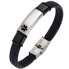 ***COI Titanium Black Silver Medical Alert Genuine Leather Bracelet With Steel Clasp(Length: 8.27 inches)-01398AA