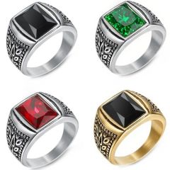 ***COI Titanium Black Gold Tone/Silver Ring With Black Onyx/Created Red Ruby/Green Emerald-01420AA