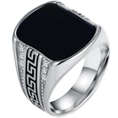 ***COI Titanium Black/Gold Tone/Silver Greek Key Black Onyx Ring With Cubic Zirconia-01431AA