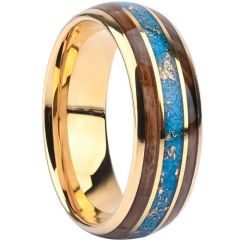 ***COI Gold Tone Tungsten Carbide Turquoise Wood & Gold Foil Dome Court Ring-01438AA