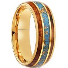 ***COI Gold Tone Tungsten Carbide Turquoise Wood & Gold Foil Dome Court Ring-01438AA